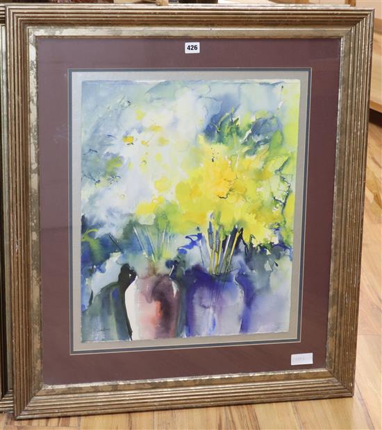 Judy Linnell, watercolour, Flowers In Pots, signed, 57 x 47cm.